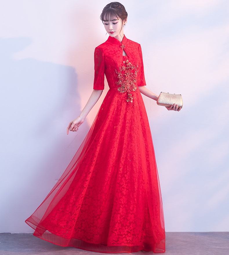 典雅氣質(zhì)中式禮服，網(wǎng)紗蕾絲晚禮服