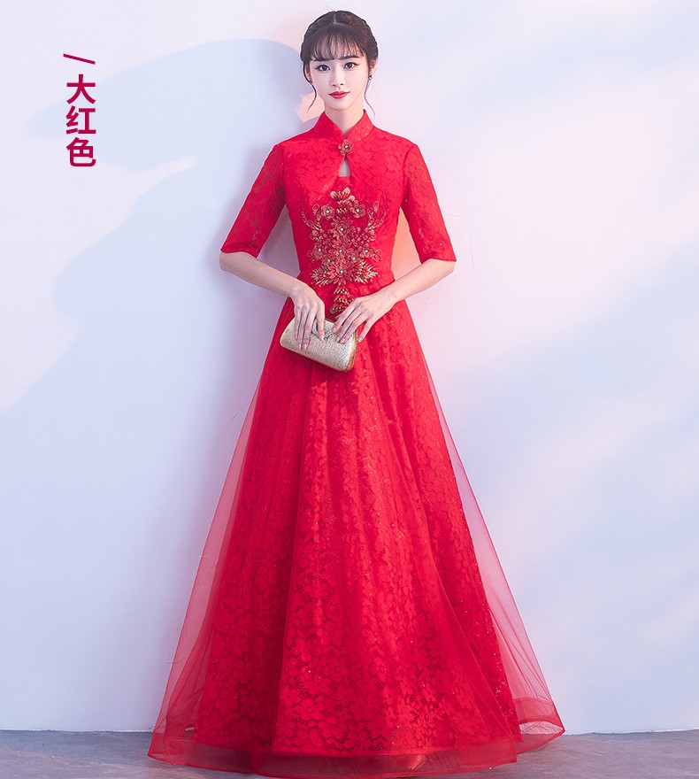 典雅氣質(zhì)中式禮服，網(wǎng)紗蕾絲晚禮服