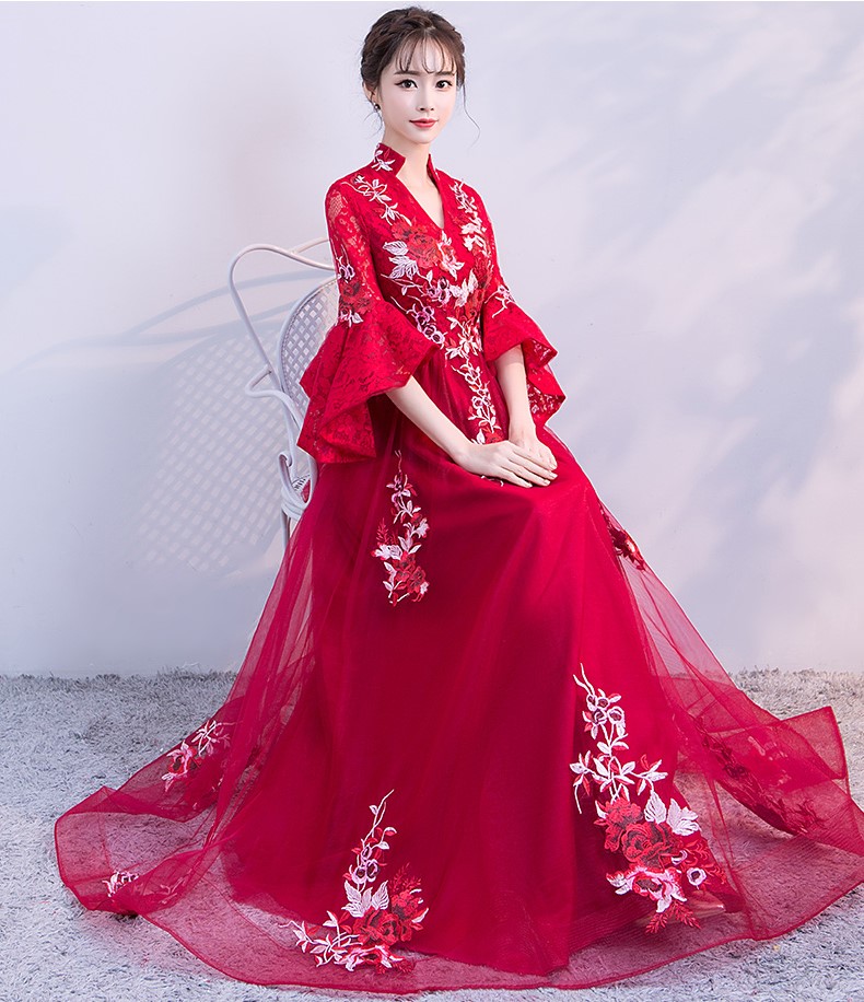 時(shí)尚喇叭袖中式禮服，性感唯美晚禮服