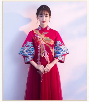 復(fù)古鳳凰刺繡中式禮服，中國風(fēng)結(jié)婚晚禮服