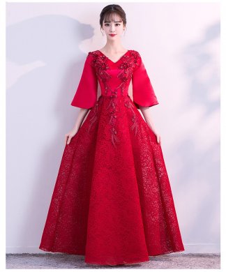 時尚性感V領(lǐng)中式禮服，立體繡花新娘結(jié)婚禮服
