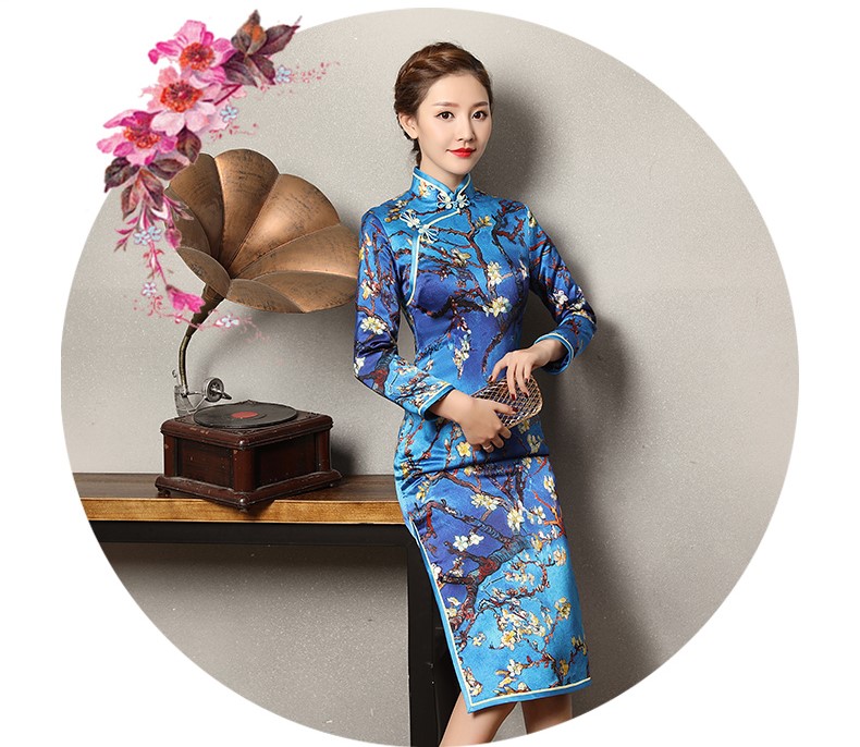 玉蘭枝藍色旗袍，長袖蠶絲加厚旗袍裙