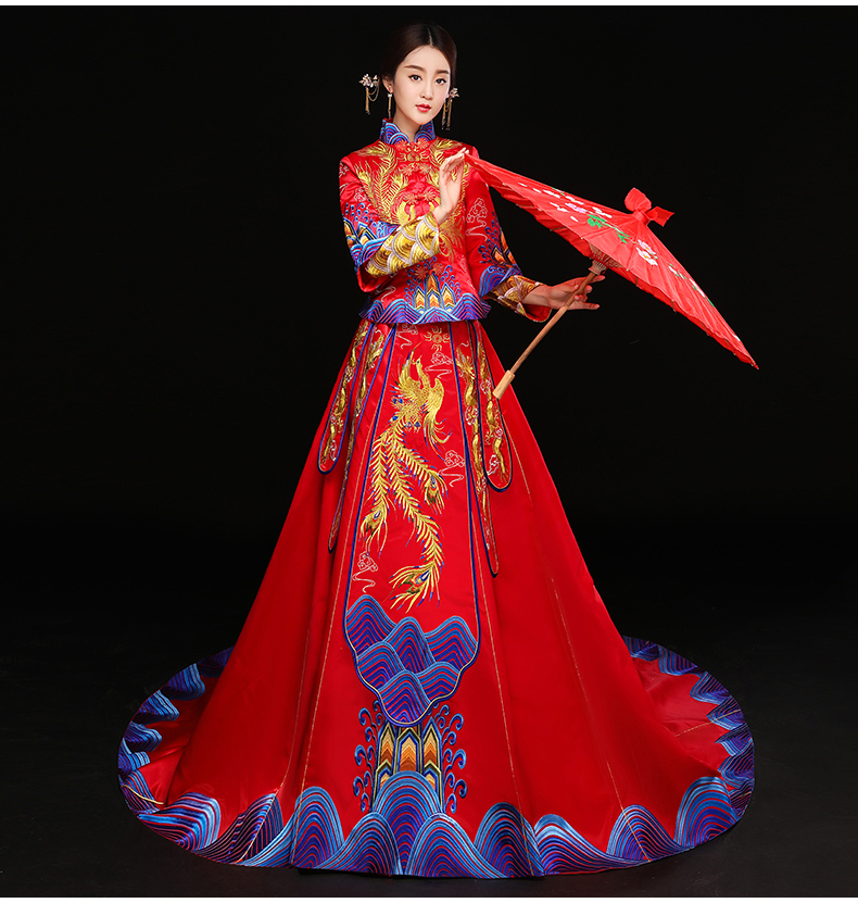 水波紋刺繡中式禮服，奢華拖尾新娘結(jié)婚禮服