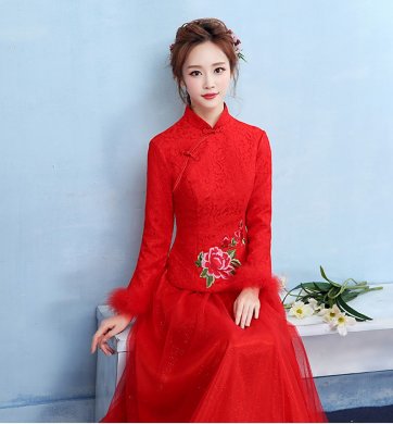 牡丹繡花中式禮服，中國(guó)風(fēng)保暖晚禮服