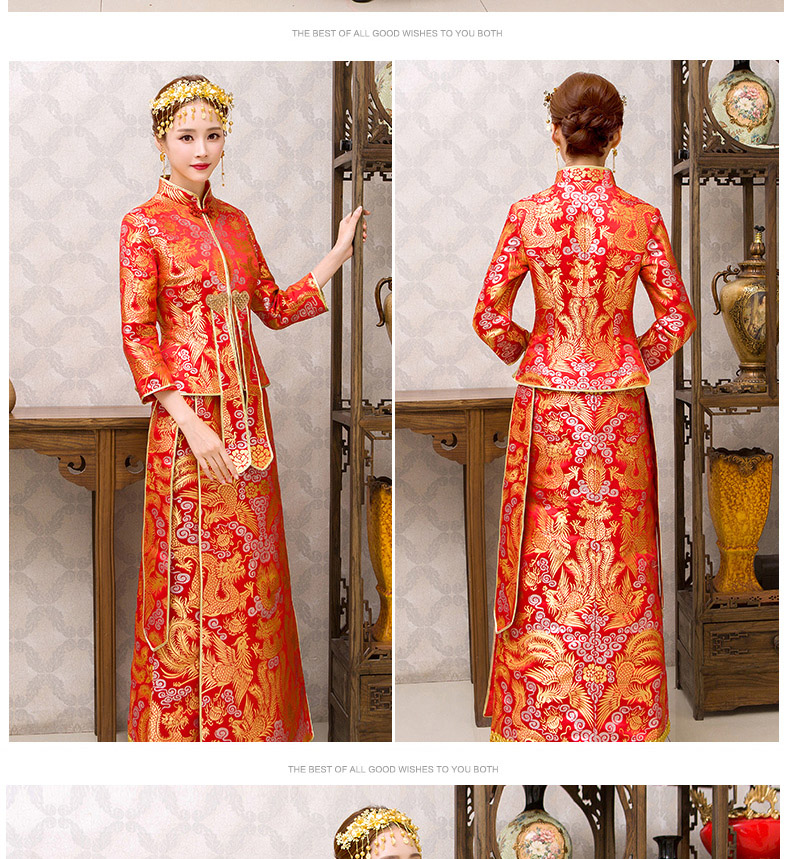 紅色旗袍中式禮服，新娘結(jié)婚禮服