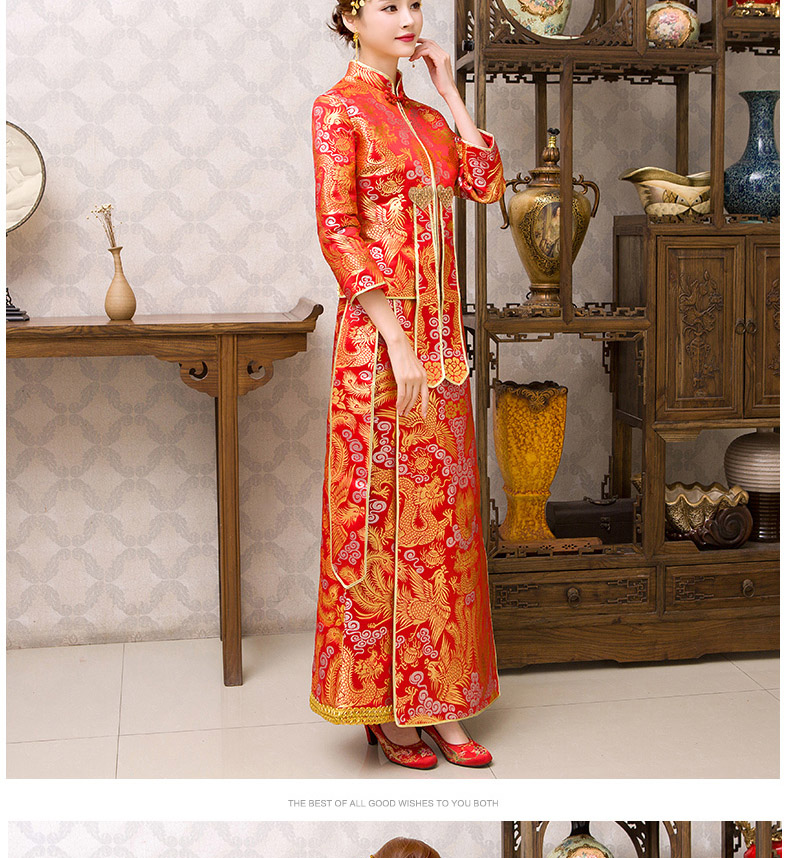 紅色旗袍中式禮服，新娘結(jié)婚禮服