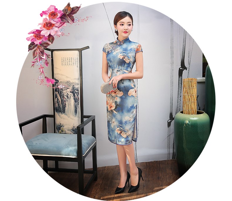 藍(lán)色幽藍(lán)印花旗袍，復(fù)古時(shí)尚旗袍裙