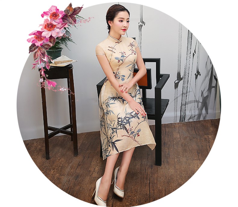 米黃色竹葉印花旗袍，復(fù)古淡雅旗袍裙