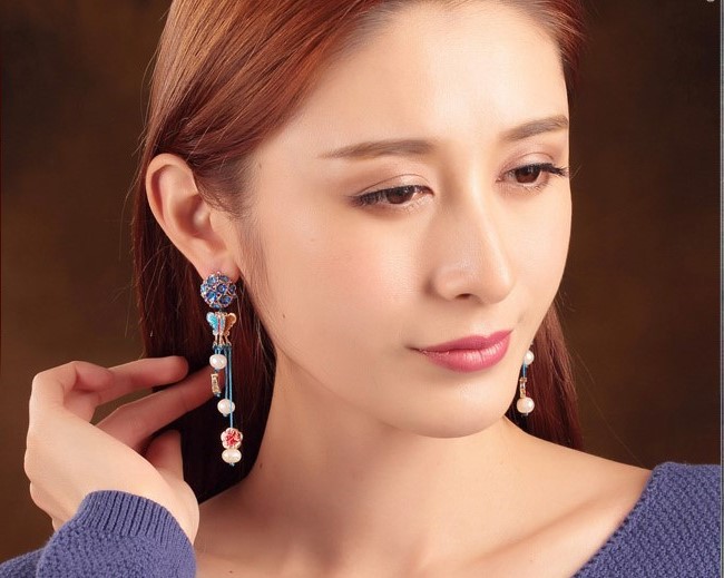 中國風(fēng)景泰藍(lán)蝴蝶耳釘氣質(zhì)耳環(huán)首飾