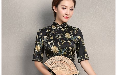 黑色時尚印黃花旗袍，奧黛旗袍裙