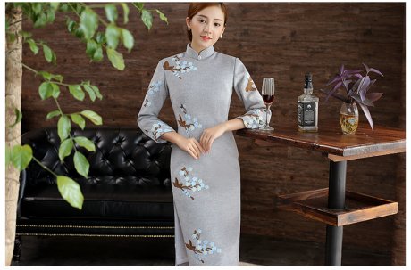 灰色繡花旗袍，復(fù)古文藝旗袍裙