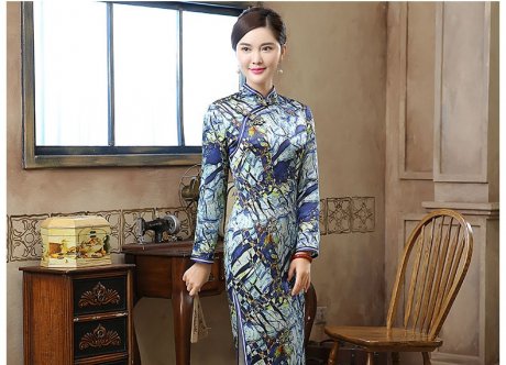 復(fù)古晶藍(lán)印花旗袍，加厚長款旗袍裙
