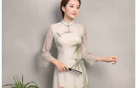 竹軒淡雅旗袍，中袖改良奧黛風(fēng)旗袍裙