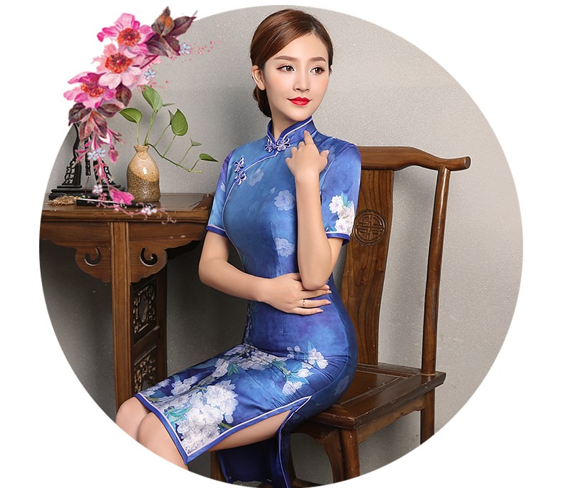 藍(lán)嬌印花旗袍，復(fù)古真絲旗袍裙