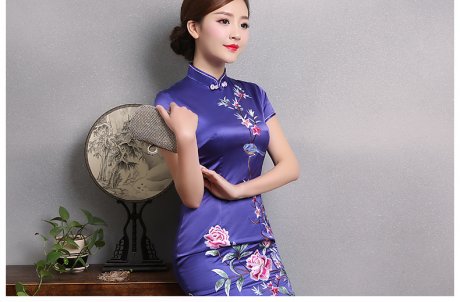 紫色牡丹繡花旗袍，復古短袖旗袍裙