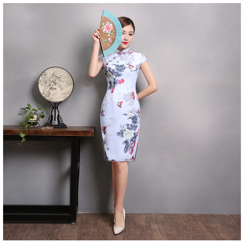 花美牡丹旗袍，復(fù)古中國風(fēng)短袖旗袍裙