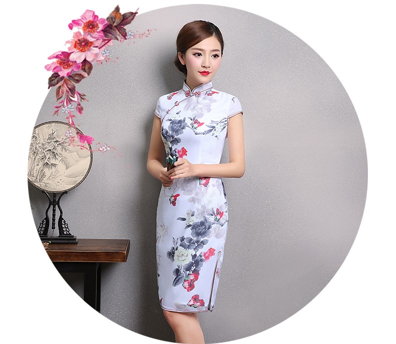 花美牡丹旗袍，復(fù)古中國風(fēng)短袖旗袍裙