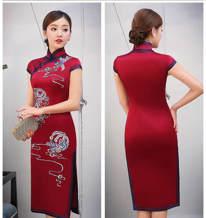 紅色云鳳刺繡旗袍，短袖真絲旗袍裙