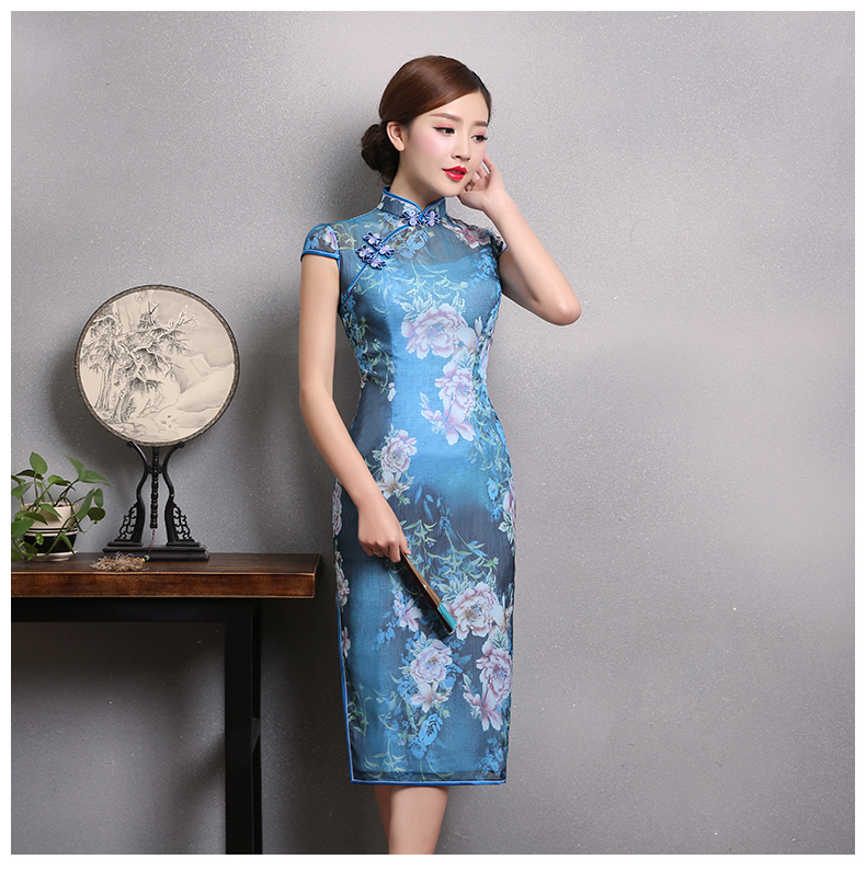 典雅藍(lán)色印花旗袍，時(shí)尚短袖旗袍裙