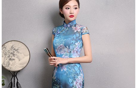 典雅藍(lán)色印花旗袍，時尚短袖旗袍裙