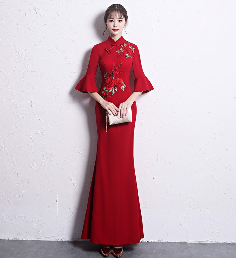 時(shí)尚復(fù)古中式禮服，喇叭袖晚禮服
