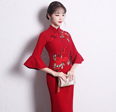 時(shí)尚復(fù)古中式禮服，喇叭袖晚禮服