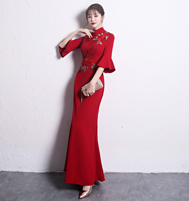時(shí)尚復(fù)古中式禮服，喇叭袖晚禮服