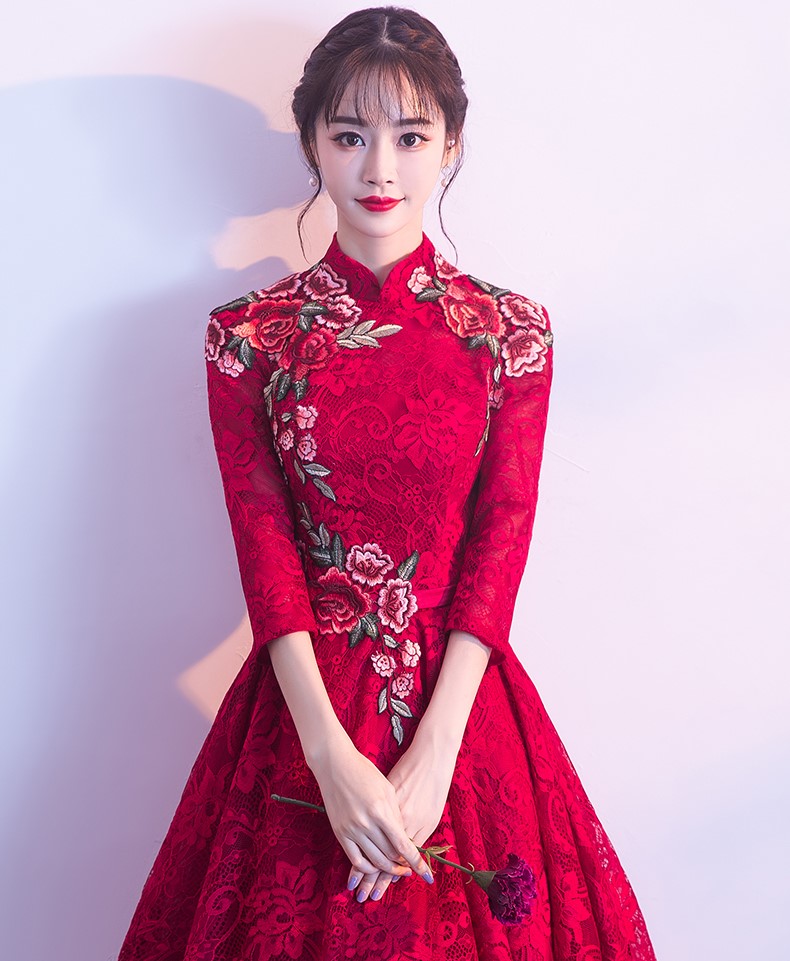 古典蕾絲中式禮服，優(yōu)雅花朵晚禮服