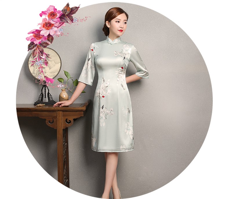 淡綠色青香印花旗袍，真絲中袖旗袍裙