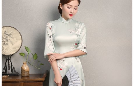 淡綠色青香印花旗袍，真絲中袖旗袍裙