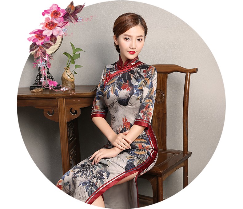 復(fù)古典雅旗袍，中袖浪漫印花旗袍裙