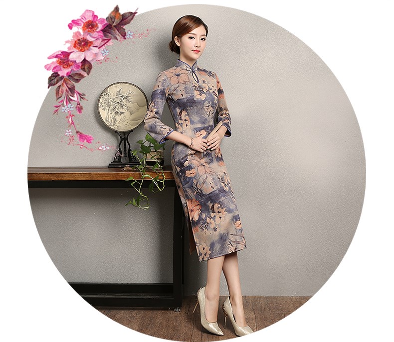 復(fù)古印花旗袍，藍(lán)紫色中袖旗袍裙