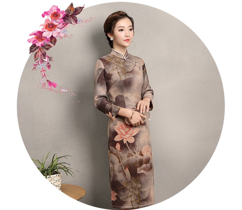 粉荷印花旗袍，中國風復古旗袍裙