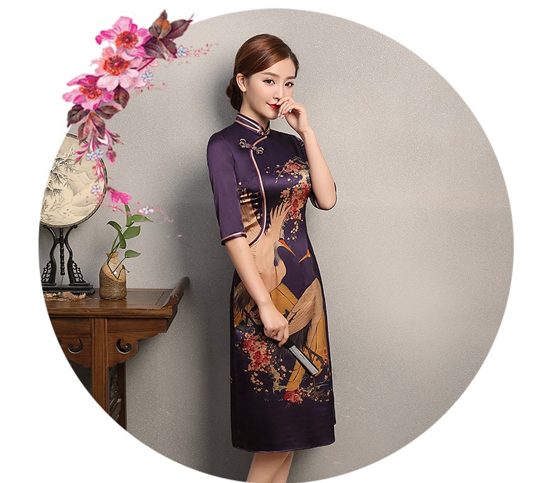 鶴舞紫色旗袍，中國(guó)風(fēng)復(fù)古旗袍裙