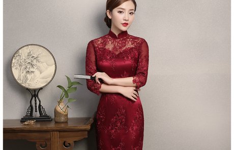 紅色蕾絲旗袍，復(fù)古刺繡旗袍裙