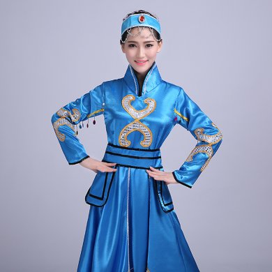 藍(lán)色大裙擺蒙古族服飾，少數(shù)民族服裝