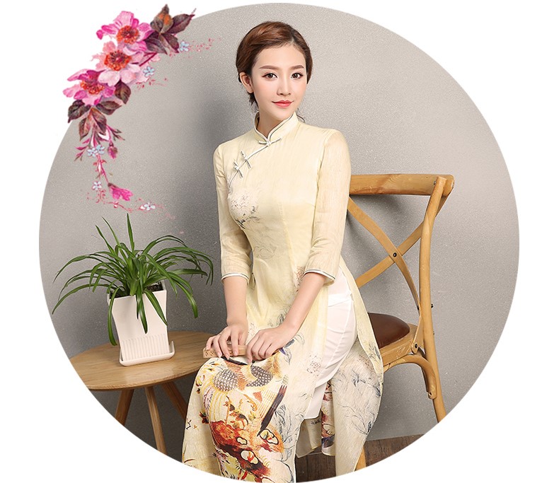 淡黃色靈鳳旗袍，奧黛改良旗袍裙
