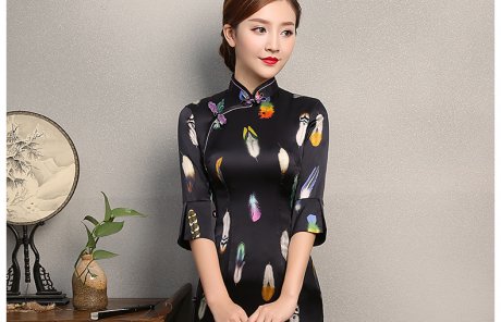 黑色香羽旗袍，蠶絲中袖旗袍裙