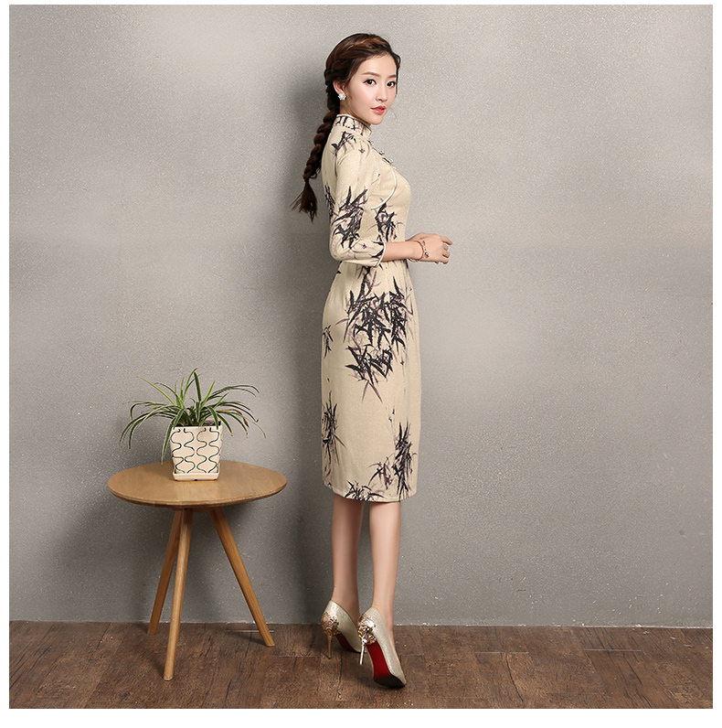 杏色墨竹旗袍，時(shí)尚中國(guó)風(fēng)旗袍裙