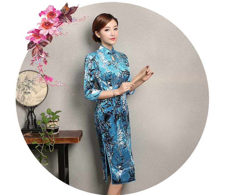 藍色印花郁蘭旗袍，優(yōu)雅復古旗袍裙