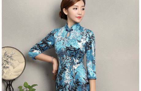 藍色印花郁蘭旗袍，優(yōu)雅復古旗袍裙