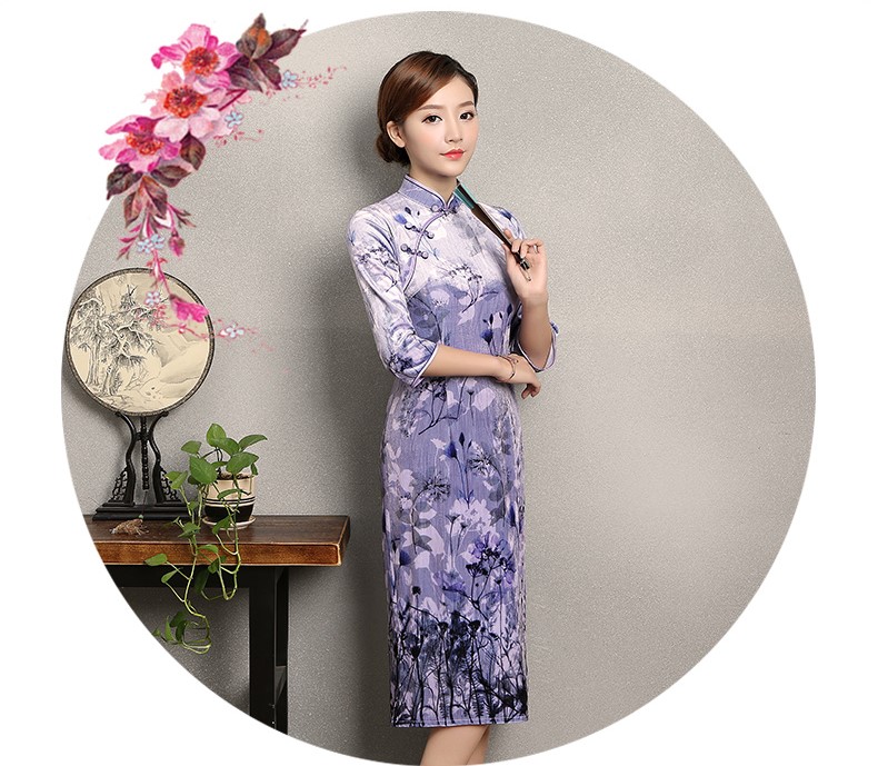 淡紫色印花旗袍，高貴典雅旗袍裙