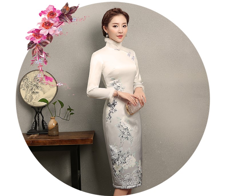 花雪牡丹印花旗袍，白色冬季旗袍裙
