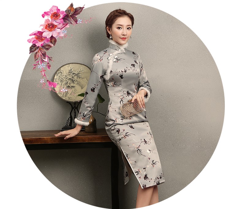 花仟淺灰藍旗袍，兔毛包邊冬季旗袍裙