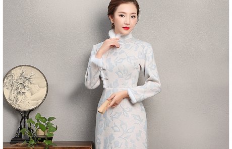 素凈淡雅旗袍，兔毛立領(lǐng)冬季旗袍裙