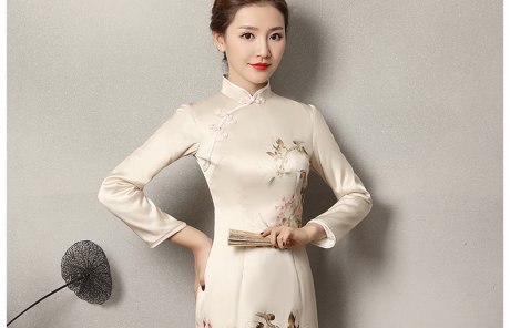 淺杏色樂鵲旗袍，清新復古旗袍裙
