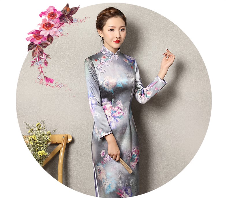 藍色提花孔雀旗袍，復(fù)古花域旗袍裙
