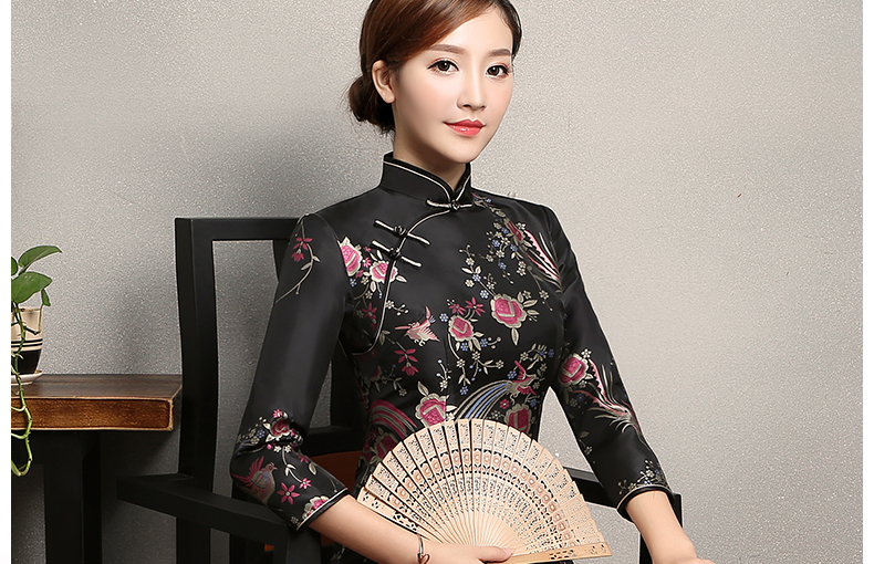 黑色鳳鳥提花旗袍，復(fù)古風(fēng)旗袍裙