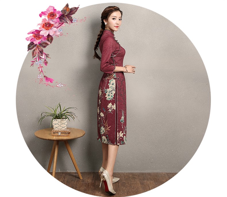 棗紅色奧黛風(fēng)旗袍，復(fù)古中式旗袍裙