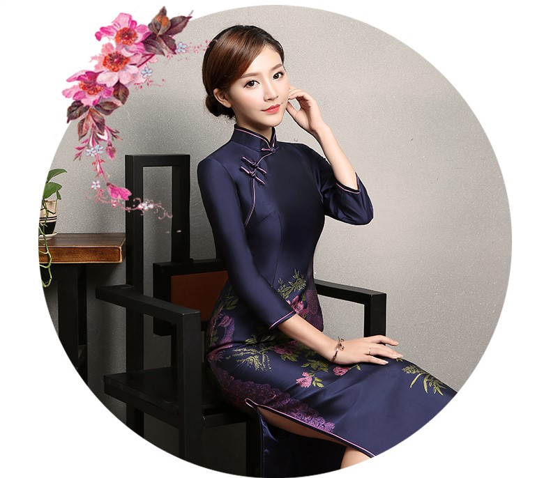 寶藍色孔雀提花旗袍，復古中式旗袍裙
